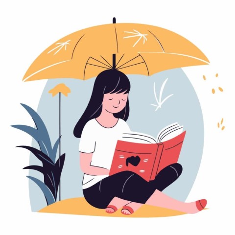 Girl reading a book under an umbrella in a flat style.