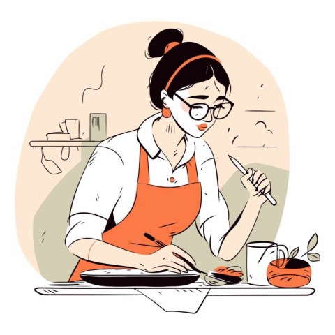 Young woman cooking in the kitchen in cartoon style.