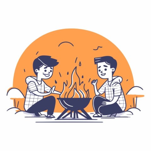 Vector illustration of two men roasting marshmallows on a bonfir