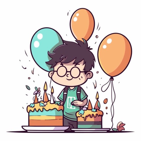 Boy Celebrating Birthday with Cake and Balloons