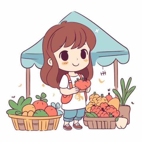 Cute little girl selling fruits and vegetables at market.