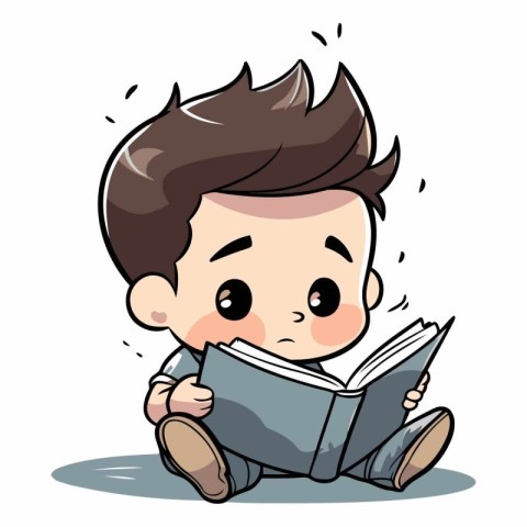 Cute boy reading a book in cartoon style.