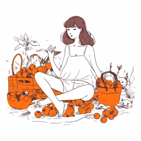 Beautiful pregnant woman sitting on the ground among pumpkins.