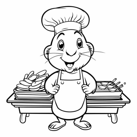 Black and White Cartoon Illustration of Cute Rat Chef Character