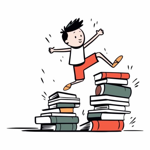 Happy boy jumping on pile of books. Vector hand drawn illustrati