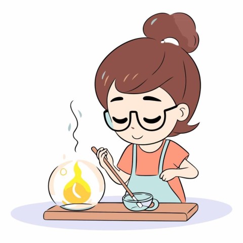 Girl in apron and glasses cooking with a candle.