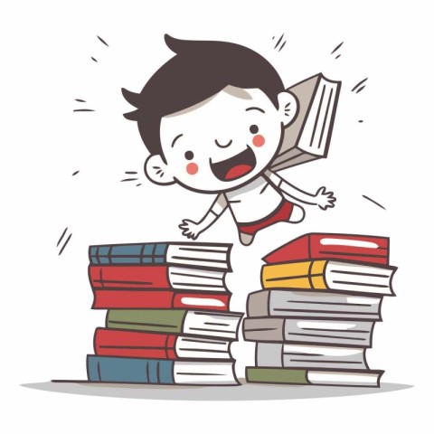 Boy jumping over pile of books. Education concept.