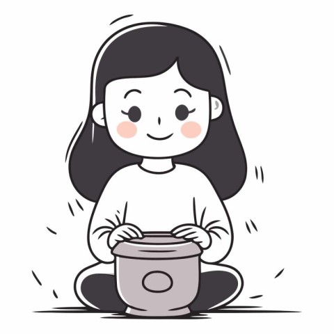 Illustration of a Girl Sitting in Front of a Pot of Food