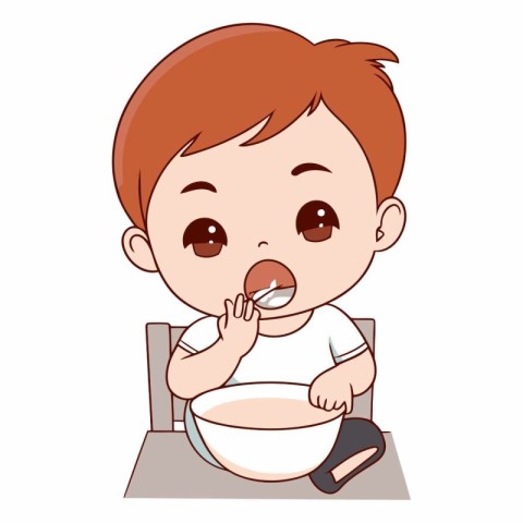 cute little boy eating with spoon in the kitchen vector illustra