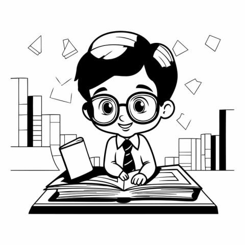 cute little student boy reading book cartoon vector illustration