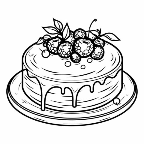 Piece of cake with berries. Black and white vector illustration