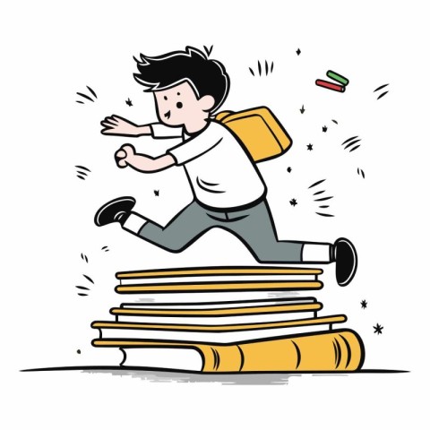 Businessman running on a pile of books. Vector cartoon illustrat