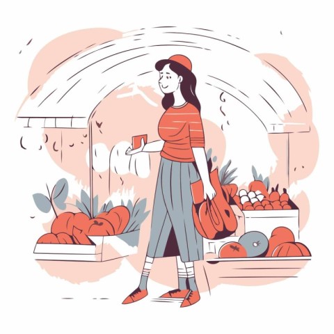 Young woman shopping at the supermarket in cartoon style.