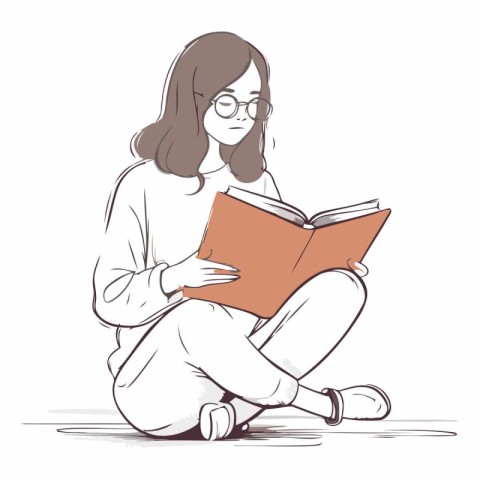 Illustration of a girl reading a book on a white background.