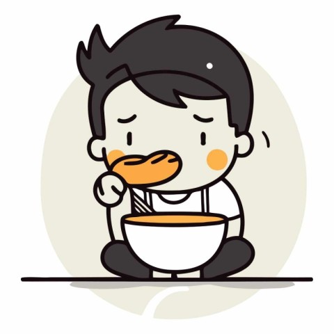 Illustration of a boy eating noodle in a bowl - Vector