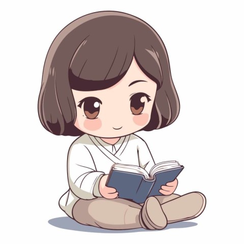 cute little girl reading a book on white background