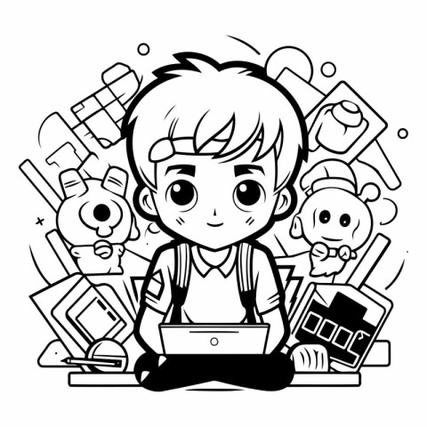 Cute little boy using laptop for coloring book.