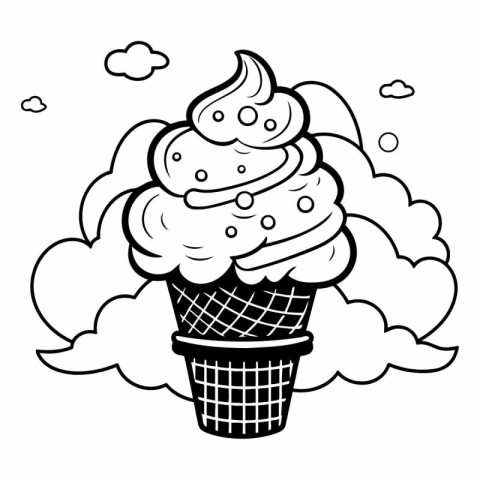 Ice cream in a waffle cup. Black and white illustration.