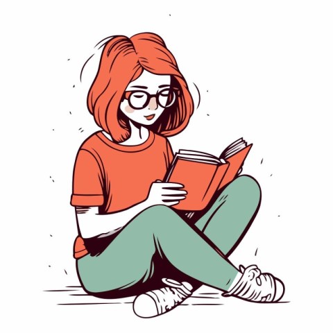 Vector illustration of a young woman reading a book sitting on t