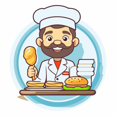 Chef with chicken leg and hamburger in cartoon style