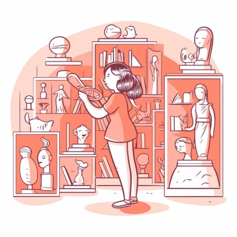 Vector illustration of a girl looking at bookshelf in the museum