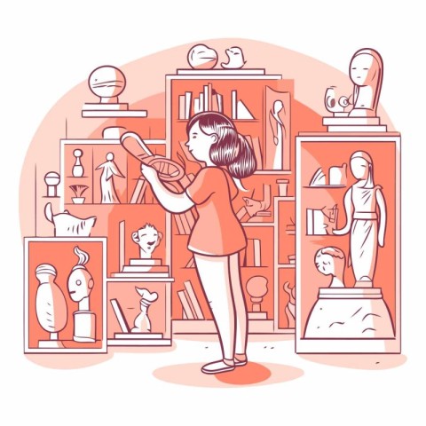 Vector illustration of a girl looking at bookshelf in the museum