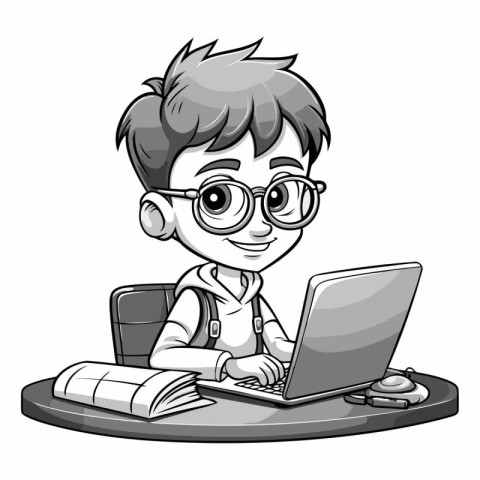 Boy using laptop on white background illustration. Eps 10 vector