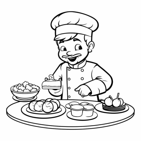 Cartoon illustration of a boy chef eating a cake. Coloring book