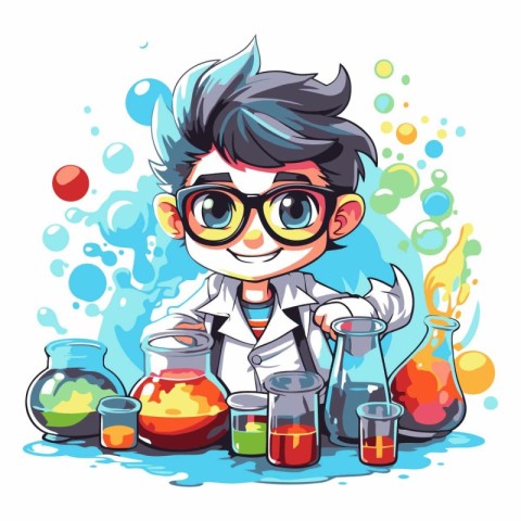 Cute boy scientist in glasses making chemical experiments.