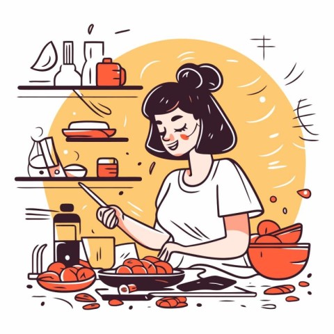 Young woman cooking in the kitchen in cartoon style.