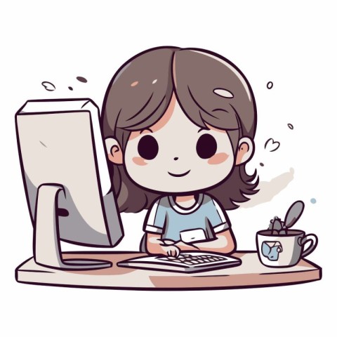 Girl working on computer at home. Cute cartoon vector illustrati