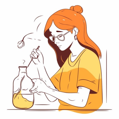 Vector illustration of a young woman doing chemical experiments