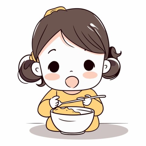 Illustration of a Kid Girl Eating a Bowl of Rice with Spoon