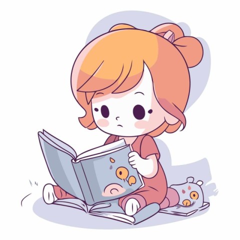 Cute little girl reading a book in cartoon style.