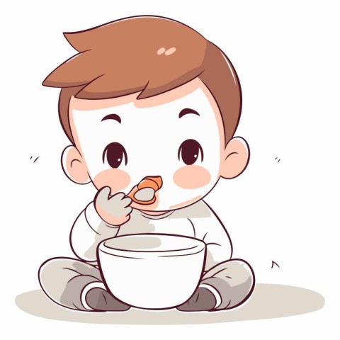 Illustration of a Cute Baby Boy Eating a Bowl of Milk