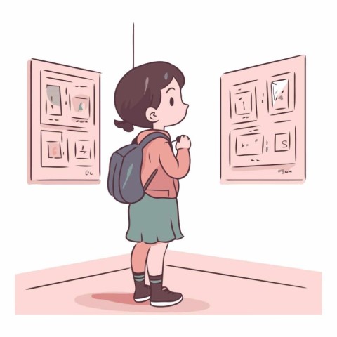 Vector illustration of a girl with a backpack looking at paintin