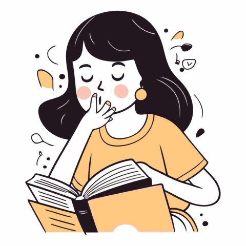 Illustration of a young girl reading a book with a surprised fac