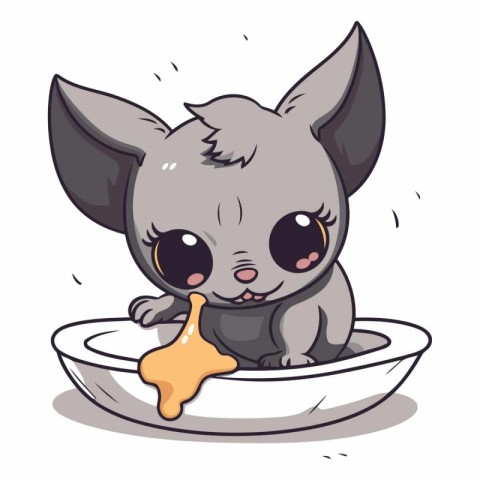 Cute cartoon cat drinking milk from a bowl.