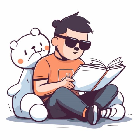 Boy reading a book with teddy bear and bear.