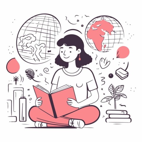 Girl reading a book in a flat linear style.