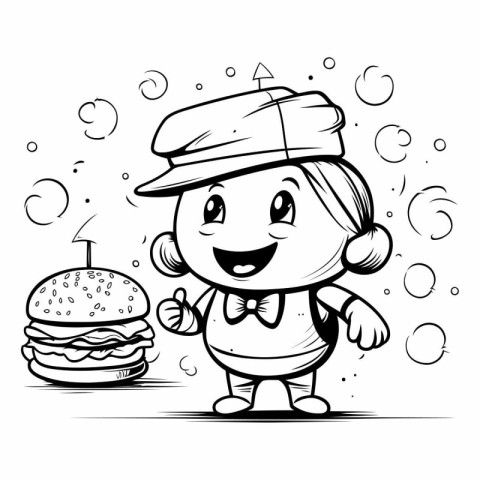 Black and White Cartoon Illustration of Little Girl with Burger