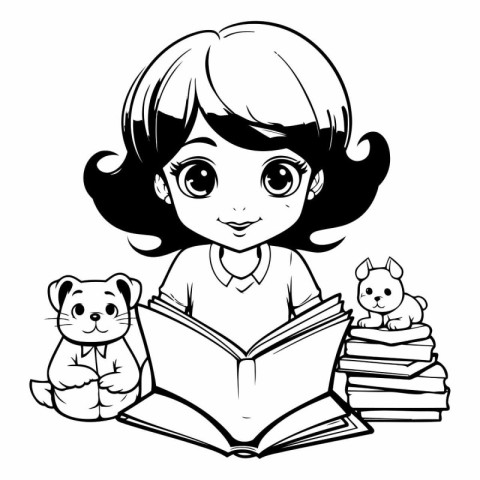 Cute little girl reading a book with toys. Black and white vecto