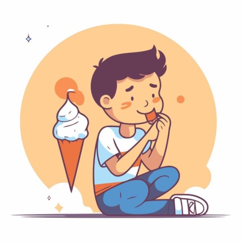 Cute boy eating ice cream in cartoon style.