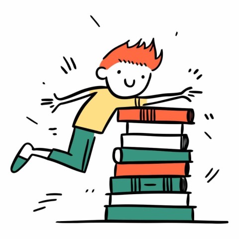 Cartoon vector illustration of a boy running on a pile of books