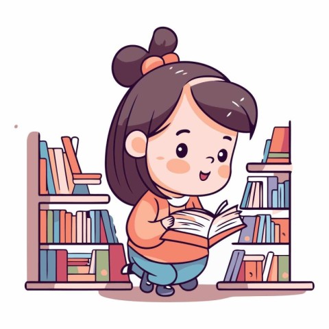 Cute little girl reading a book in library.