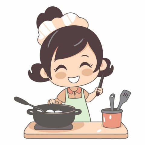 Illustration of a Cute Little Girl Cooking in the Kitchen.