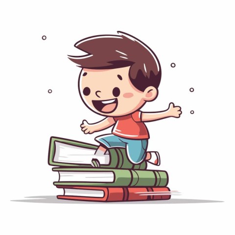 Cute little boy sitting on stack of books.