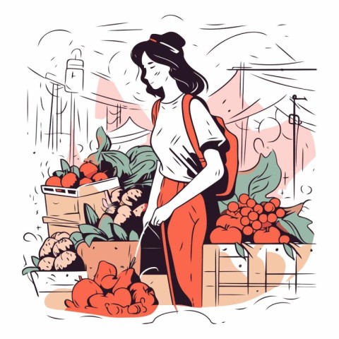 Vector illustration of a woman buying fruits and vegetables at t