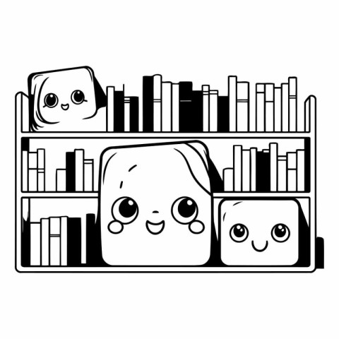 cute bookshelf with monsters kawaii characters vector illustrati