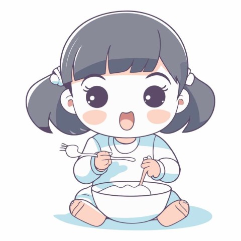 Illustration of a Cute Little Girl Eating a Bowl of Rice